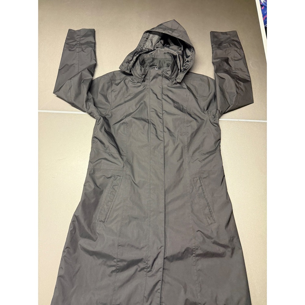 Eddie Bauer Girl On The Go Waterproof Trench Coat Black Hooded Rain Jacket L